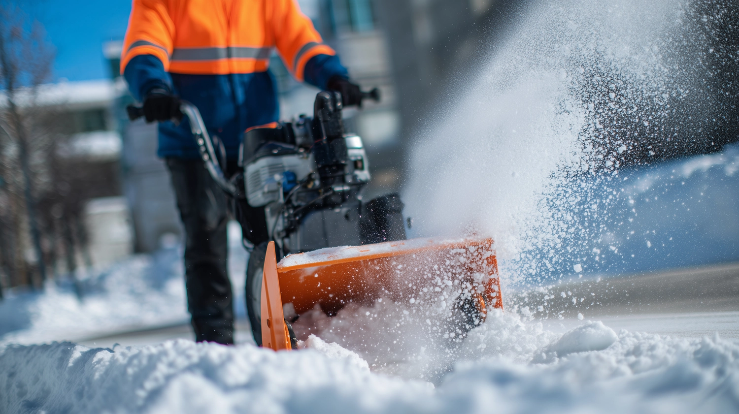 R.S Sicco UG – Wasser- & Brandschadensanierung, Reinigung und Gebäudedienste - Städtischer Arbeiter benutzt Schneefräse auf schmalem Gehweg